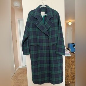 Avec Les Filles Green and Blue Plaid Pea Coat